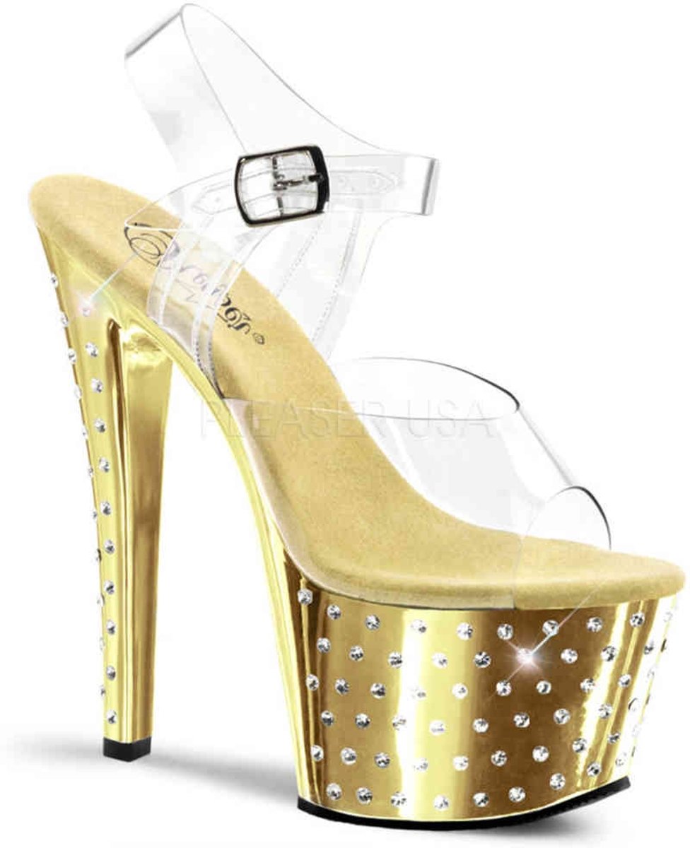 EU 37 = US 7 | STARDUST-708 | 7 Heel, 2 3/4 R/S Studded Chrome PF Ankle Strap Sandal